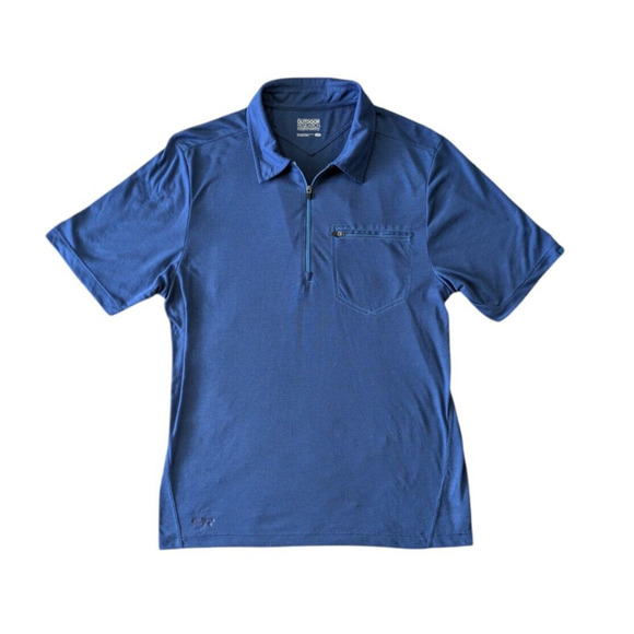Outdoor Research Blue 1/4 Zip Short Sleeve Polo Large Wool Blend Pocket Hiking - Picture 1 of 7